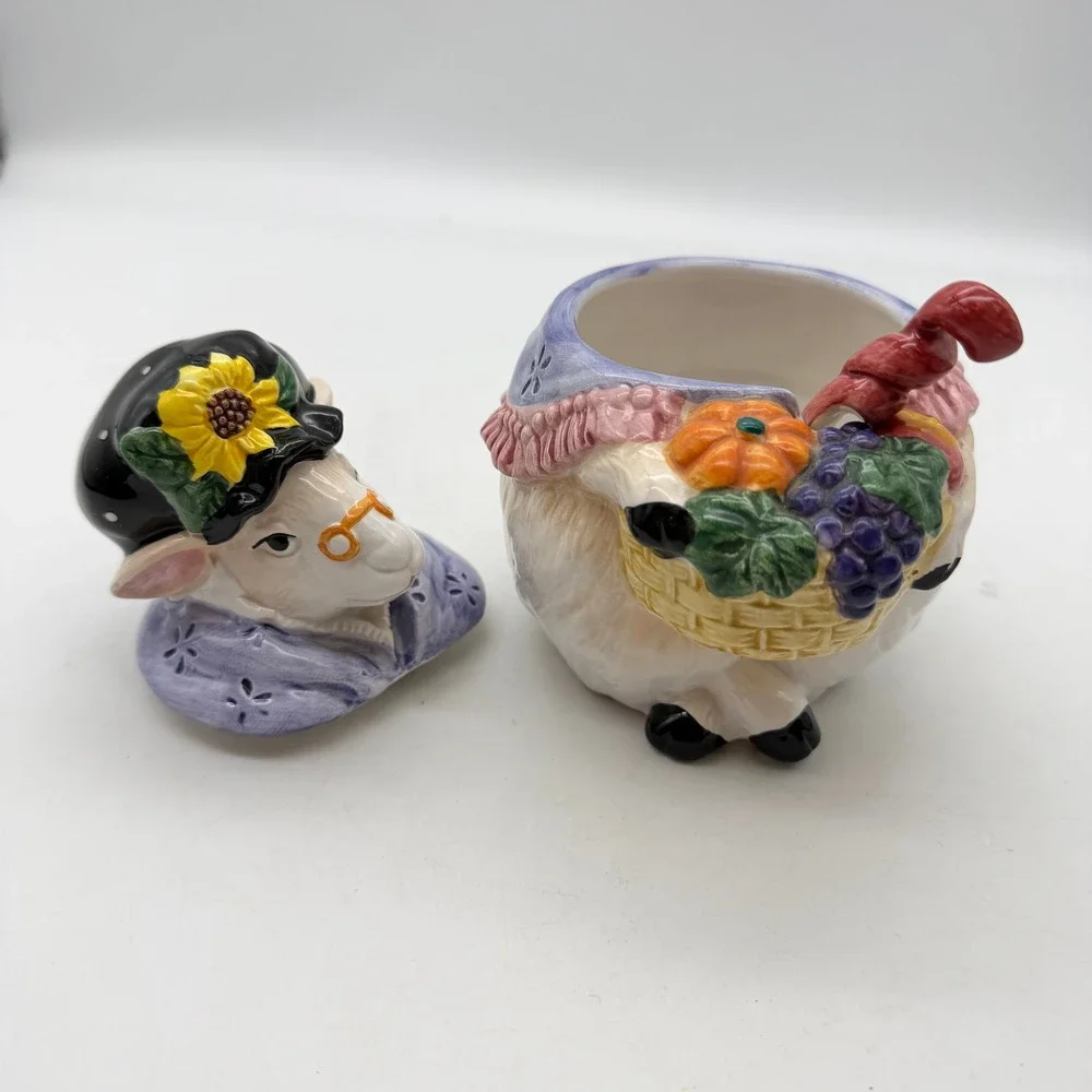 Fitz and Floyd Harvest Farm Gretta Goat Jam Jar Honey Pot with Spoon Vintage